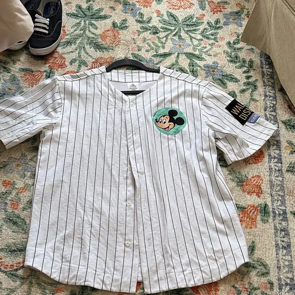 Disney Adults White Pinstripe Baseball Shirt with Mickey Patch - Picture 1 of 6